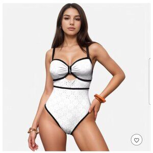 Anna-Kaci Womens XL White Eyelet Lace One-Piece Swimsuit Black Trim Adj Straps